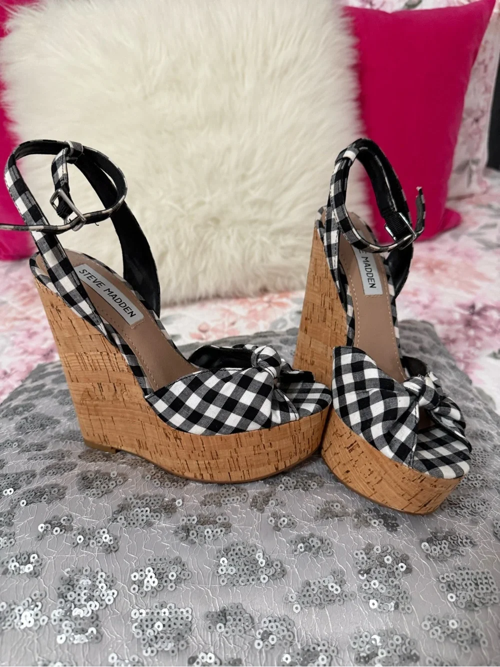 Steve Madden Black & White Gingham Cork Platform Wedges